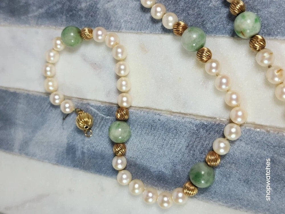 Pearl Jade Gold Beaded Necklace 30" 12K GF Beads 10K Gold Clasp Vintage