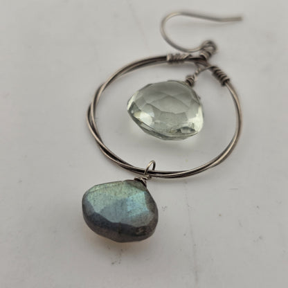 Vintage Earrings Green Ish Clear Stones Circle Dangle Sterling Silver 925