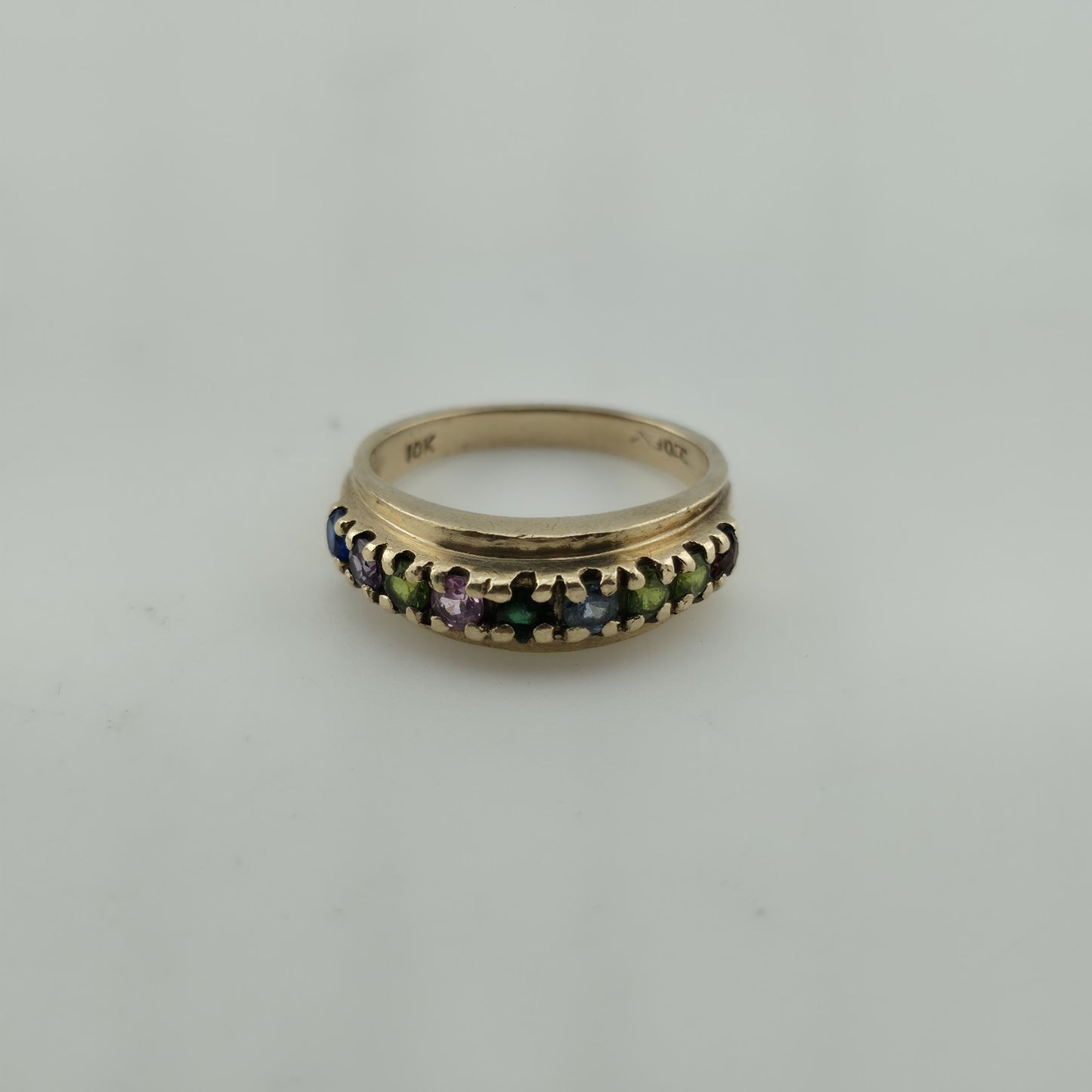 10k Yellow Gold Ring 9 Stones Rainbow Mothers Grandmother Mom Size 6 HOF Vintage