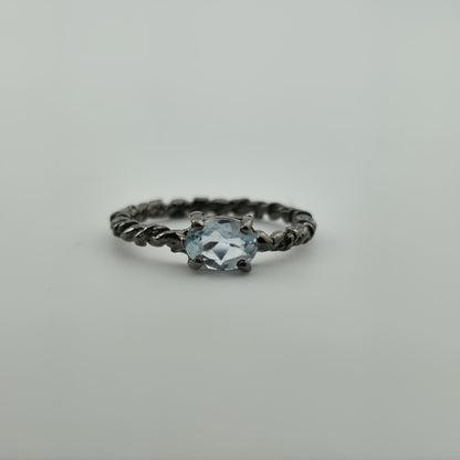 Oxidized 925 Sterling Silver Ring Black Vine Band Natural Blue Topaz Size 6.5