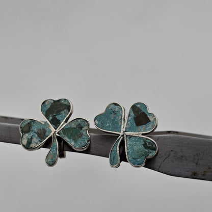 Vintage EARRINGS TAXCO Mexico INLAID TURQUOISE Sterling Silver 925 SHAMROCK