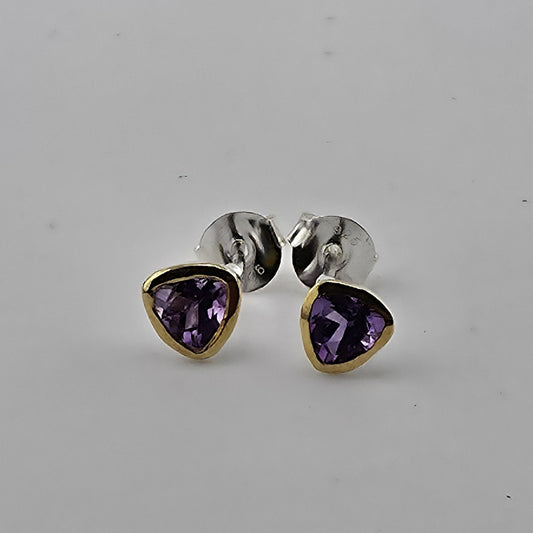 925 Sterling Silver Stud Earrings Natural Purple Amethyst Two Tone