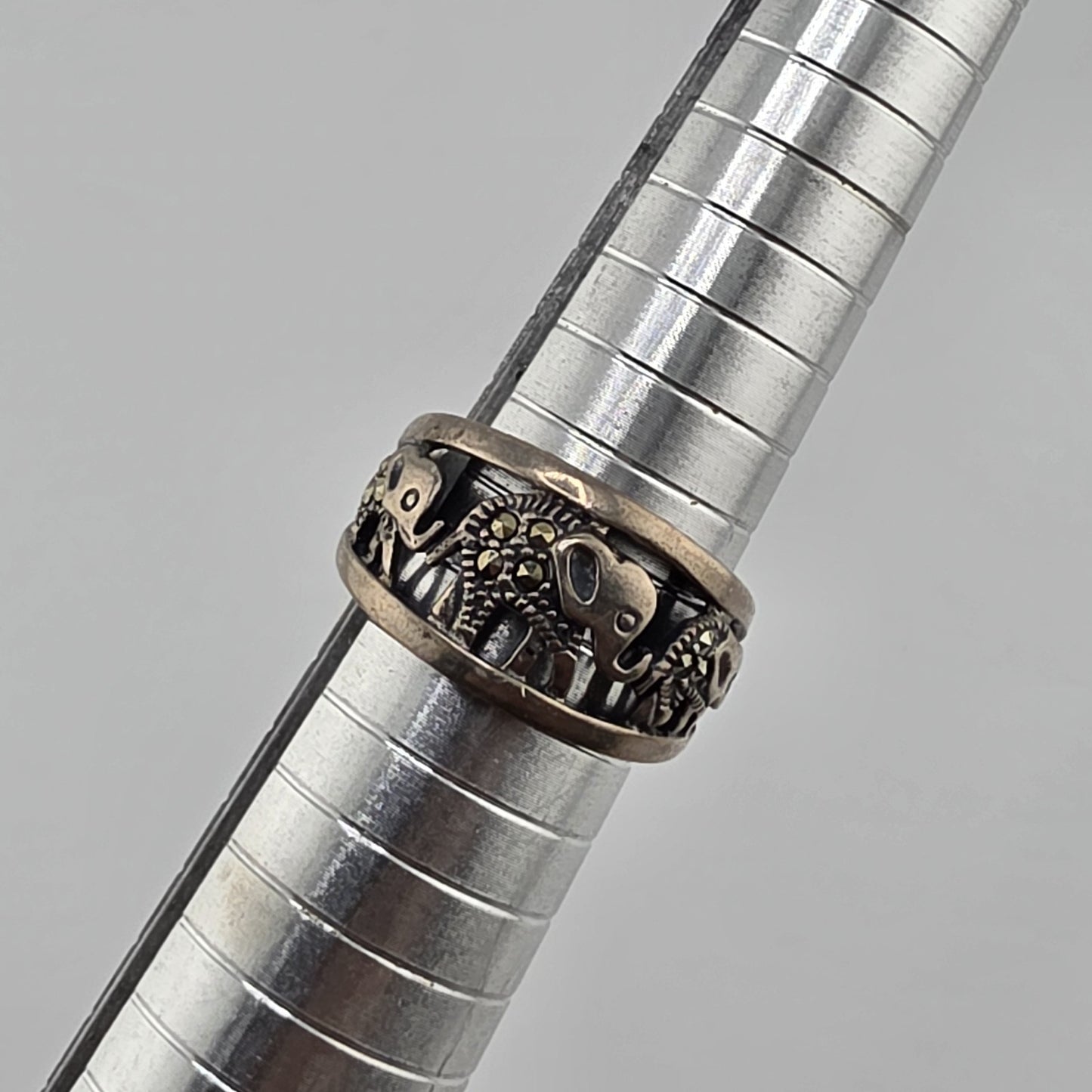 Sterling Silver Ring Elephant Parade Marcasite Openwork Size 8 Lucky 925