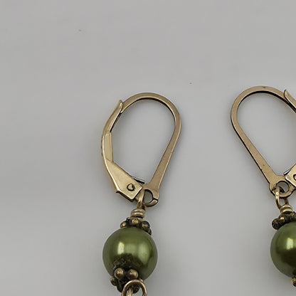 14k Yellow Gold Fill Olive Green Bead Dangle Earrings Danity Cute Vintage Estate
