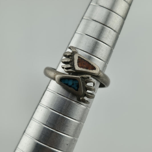 Turquoise Coral Tribal Bear Claw Ring Sterling Silver Native Vintage  Adjustable