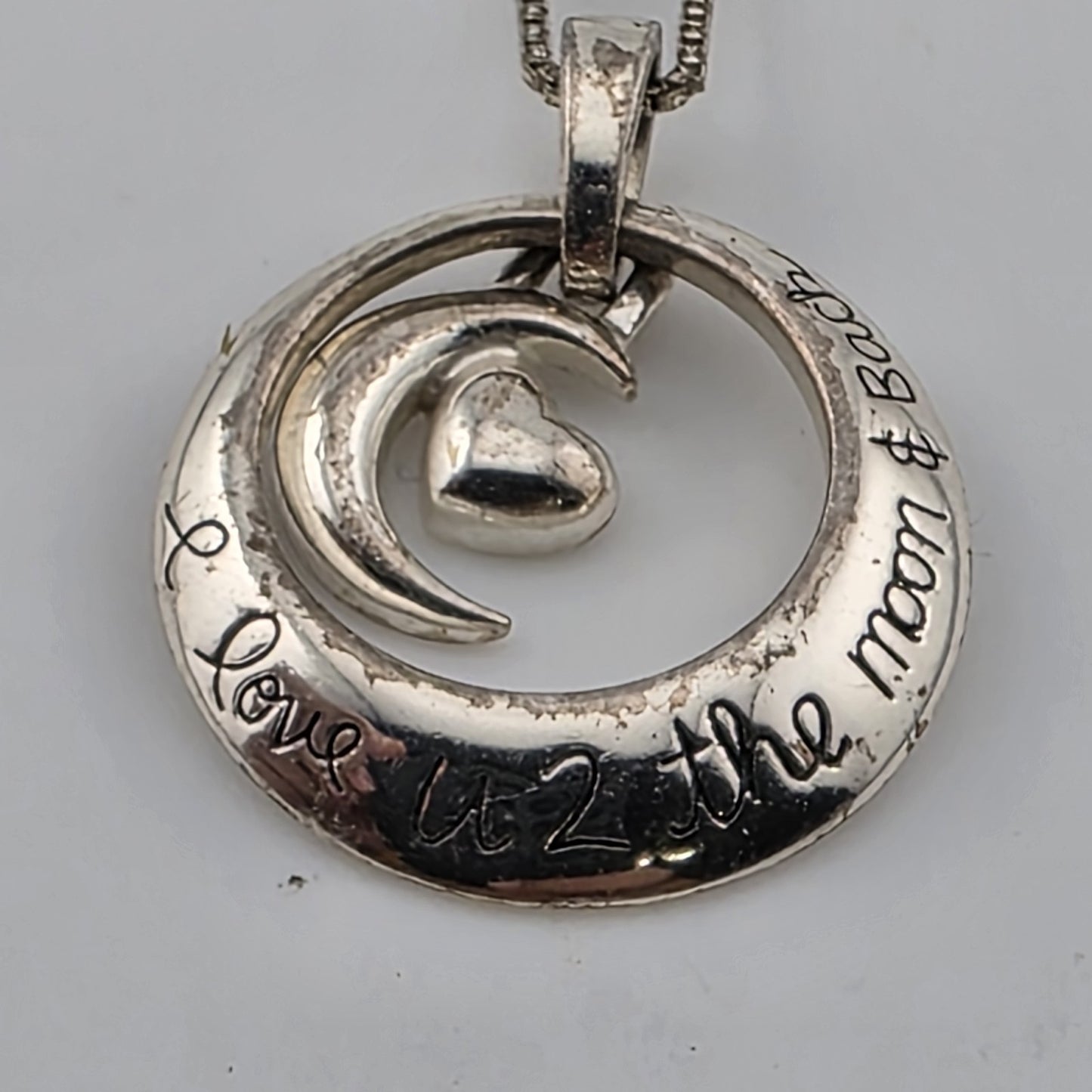 I Love You To The Moon and Back Necklace 925 Sterling Silver Heart Swirl Patina