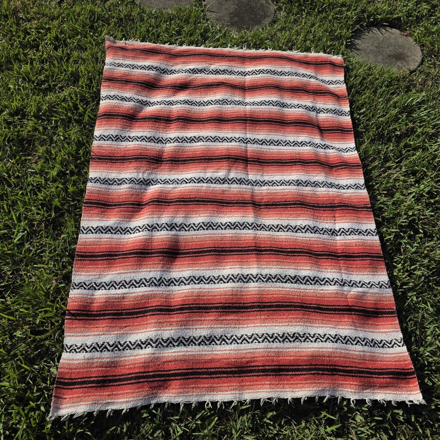 Vintage Sola Mexican Blanket Serape Red Black Throw Stripe Tassel 71 x 25