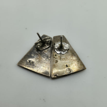 Sterling Silver Carved Gold Tone Stone Triangle Shield Earrings Vintage MCM