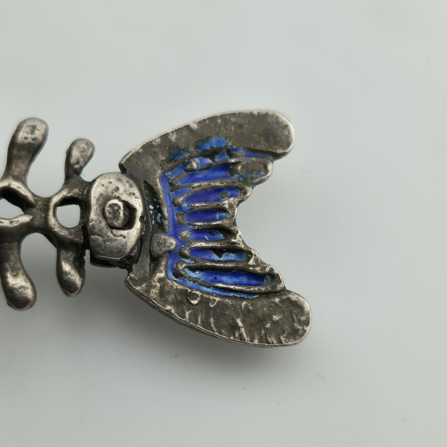 Sterling Silver 925 Green Blue Enamel Fish Bone Pendant Moveable Parts Vintage