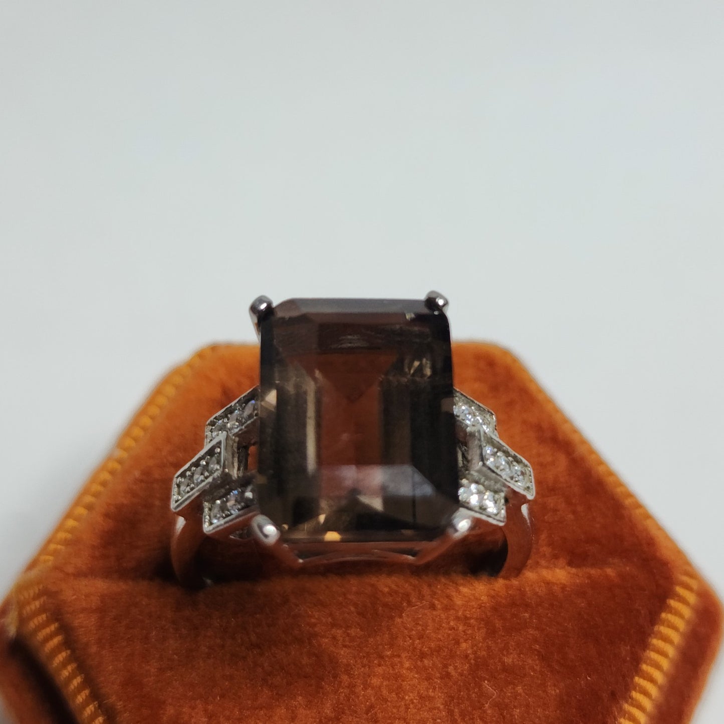 Smoky Quartz Sterling Silver Ring Art Deco Size 8 925 Statement Jewelry
