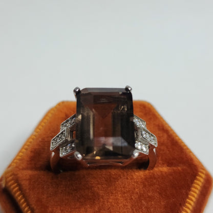 Smoky Quartz Sterling Silver Ring Art Deco Size 8 925 Statement Jewelry