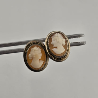 800 Silver  Antique Cameo Screw Back Earrings Vintage European Jewelry