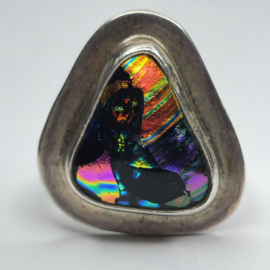 925 Sterling Silver Ring Dichroic Glass Size Adjustable 7 - 10 Statement Vintage