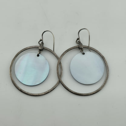 Sterling Silver Open Circle Drop Earrings Blue Disc Dangle 1.4 Artisan Minimal