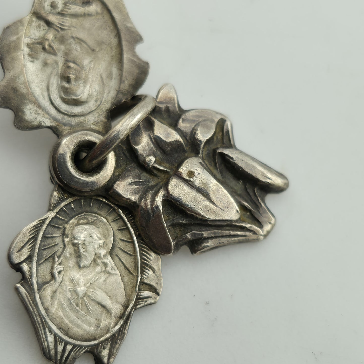 ORNATE ART DECO STERLING SILVER TRIPLE PART FLOWER RELIGIOUS CROSS CHARM 925