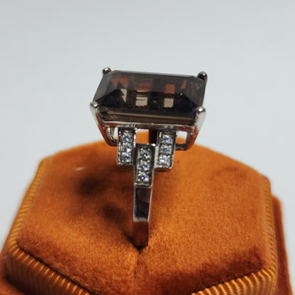Smoky Quartz Sterling Silver Ring Art Deco Size 8 925 Statement Jewelry