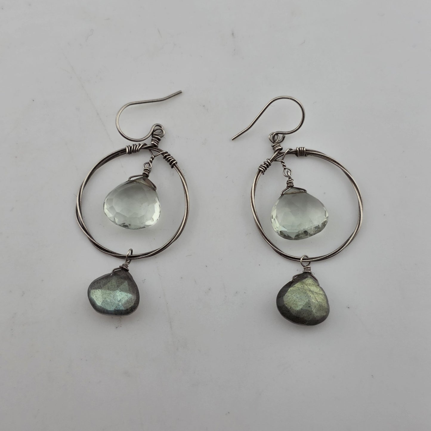 Vintage Earrings Green Ish Clear Stones Circle Dangle Sterling Silver 925