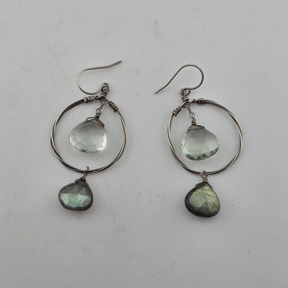 Vintage Earrings Green Ish Clear Stones Circle Dangle Sterling Silver 925