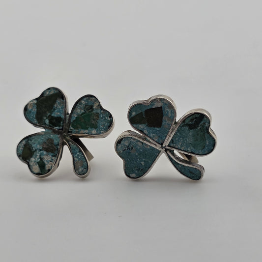 Vintage EARRINGS TAXCO Mexico INLAID TURQUOISE Sterling Silver 925 SHAMROCK