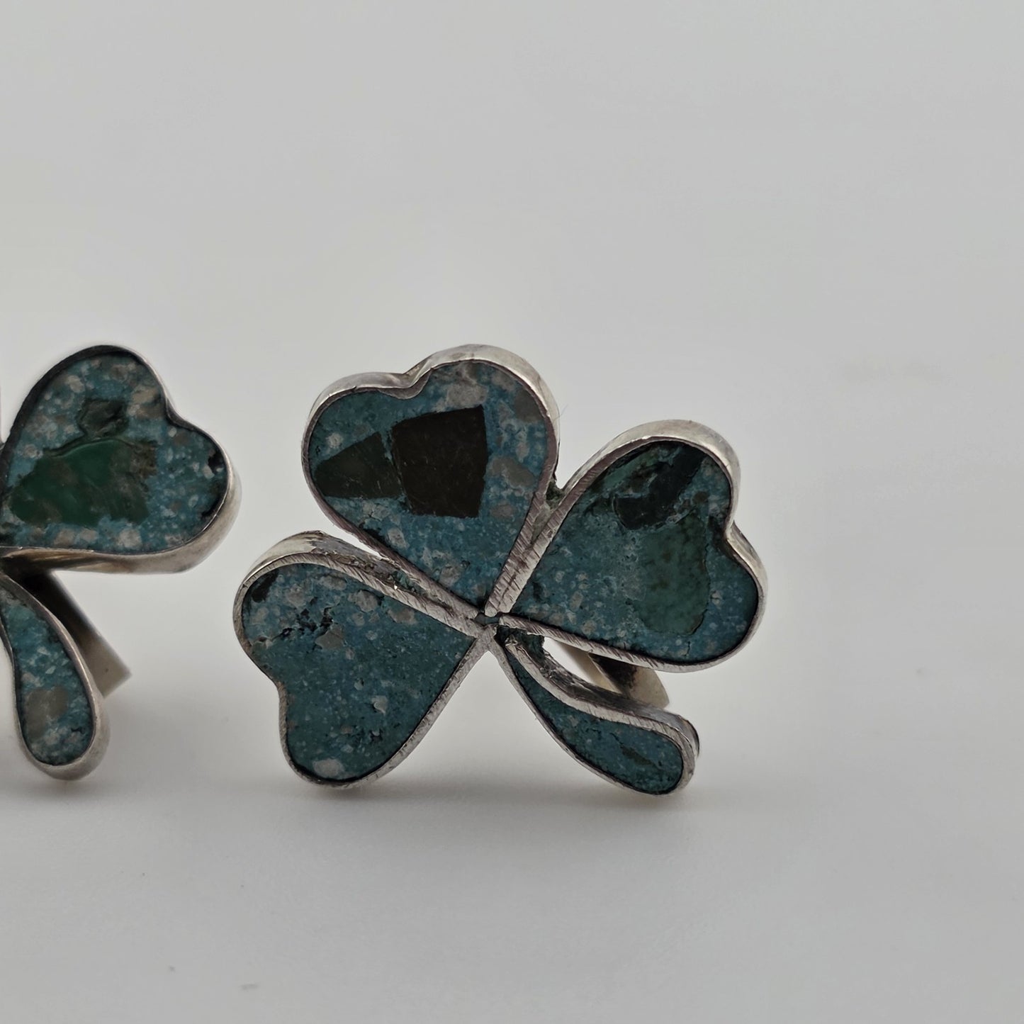 Vintage EARRINGS TAXCO Mexico INLAID TURQUOISE Sterling Silver 925 SHAMROCK