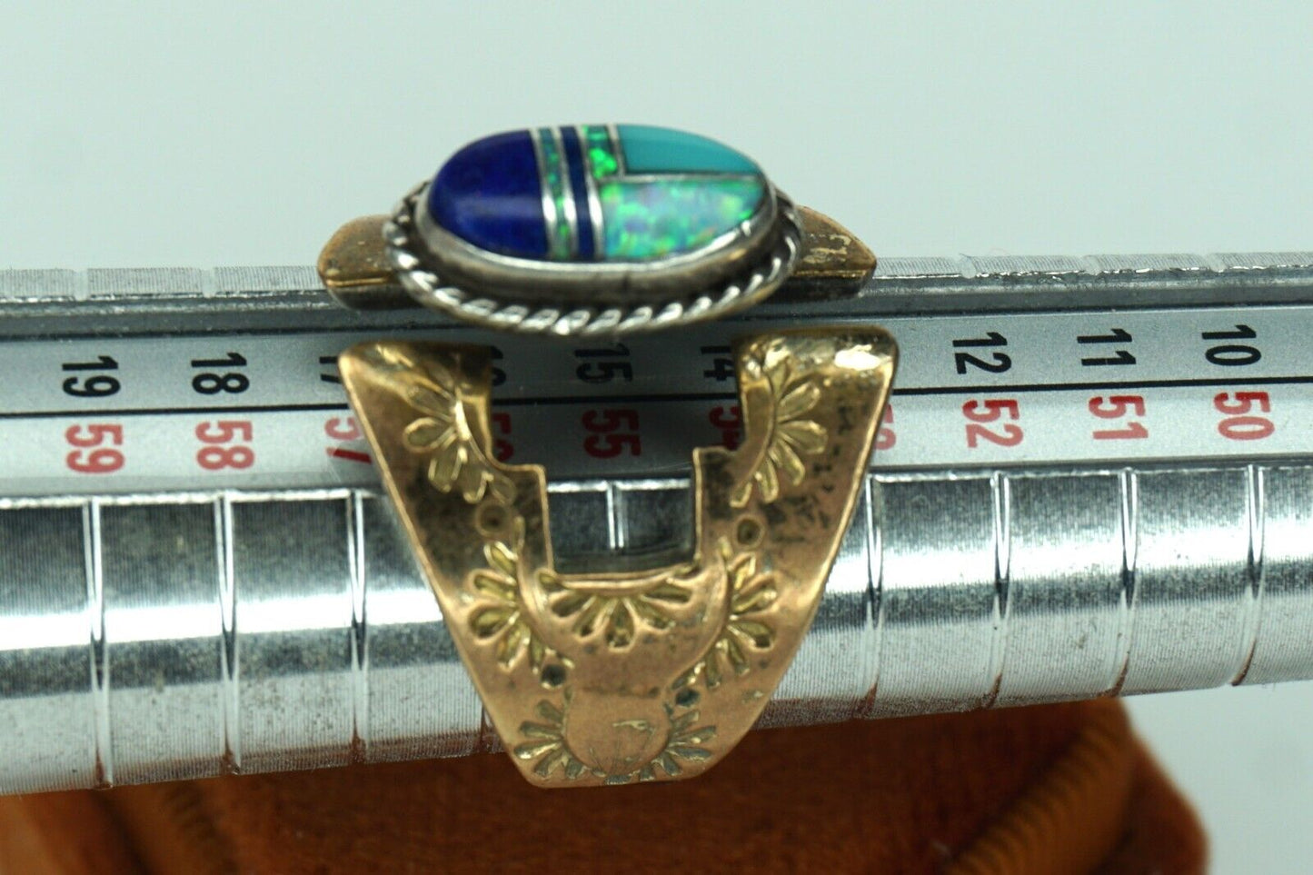 Larry Pacheco Vintage Ring  7 Sterling Silver Copper Lapis Opal Inlay Southwest