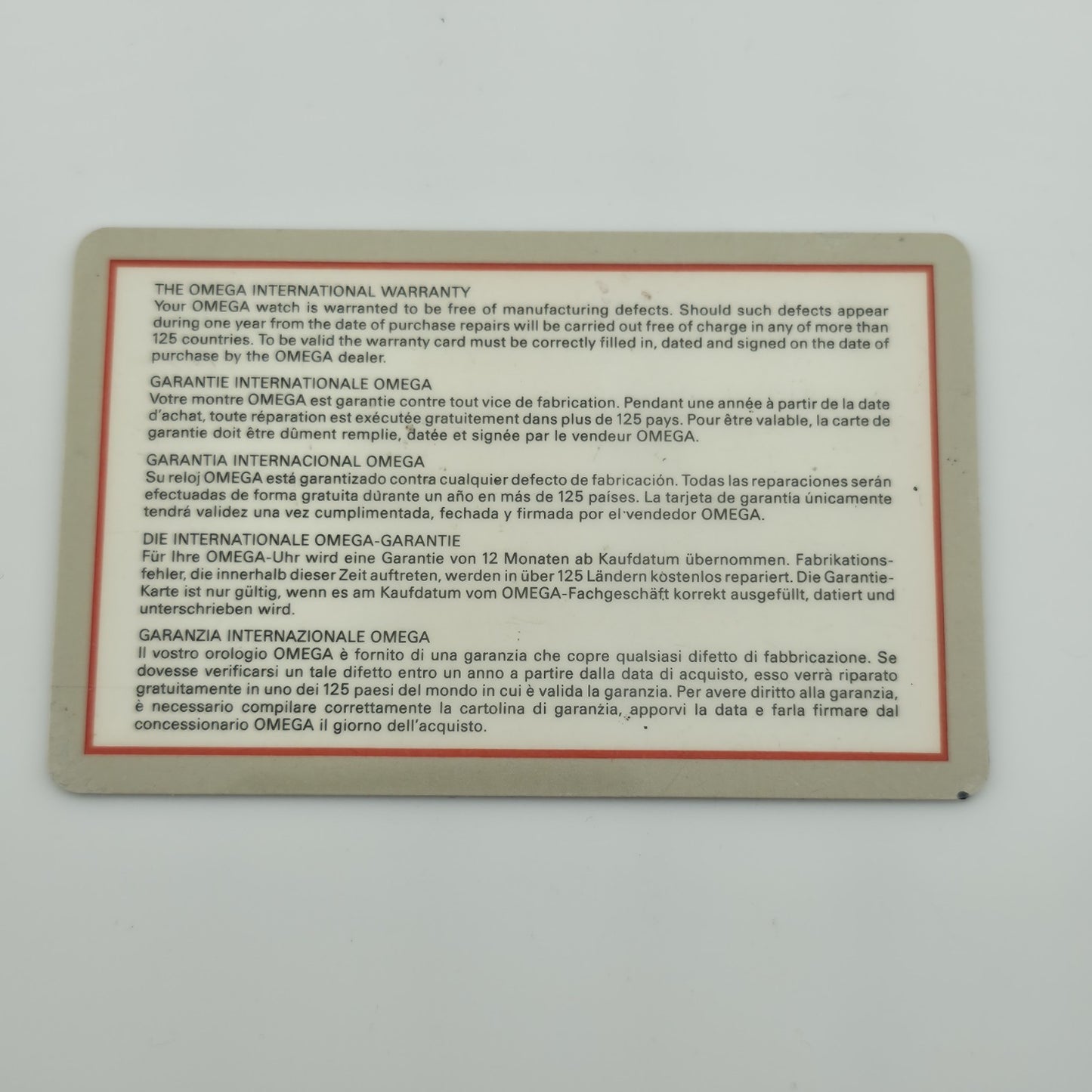 Omega International warranty card 1991 w/ Dealer Ref: MD7950870 Ephemera Vintage