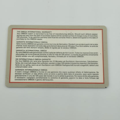 Omega International warranty card 1991 w/ Dealer Ref: MD7950870 Ephemera Vintage