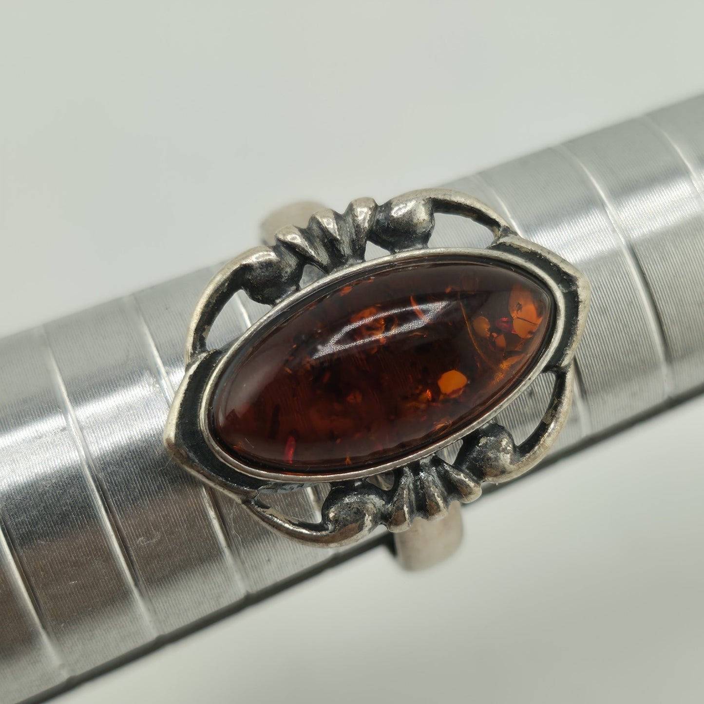 Baltic Amber Sterling Silver Ring Oval Stone Gothic Modernist 7 Polish