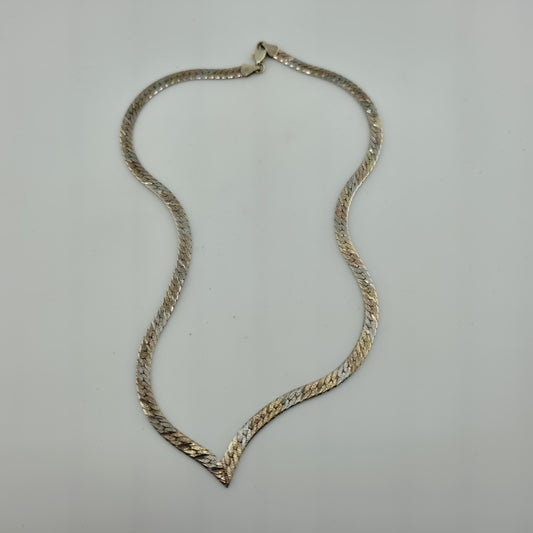 Sterling Silver Necklace 925 Tri Color Silver Gold Rose V Neck Chain 16 Vintage