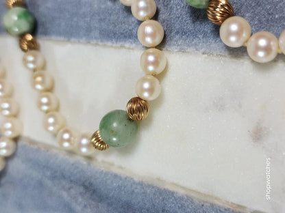 Pearl Jade Gold Beaded Necklace 30" 12K GF Beads 10K Gold Clasp Vintage