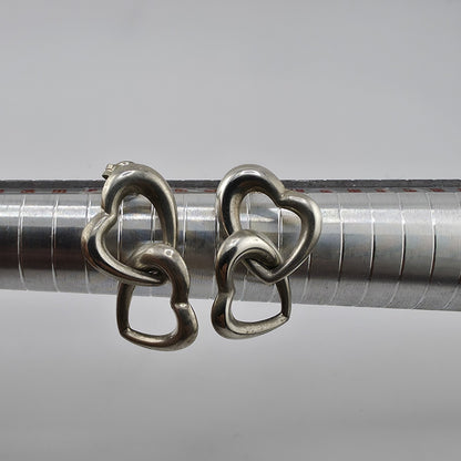 Sterling Silver Linked Double Heart Post Earrings 925 Chunky Modern Love