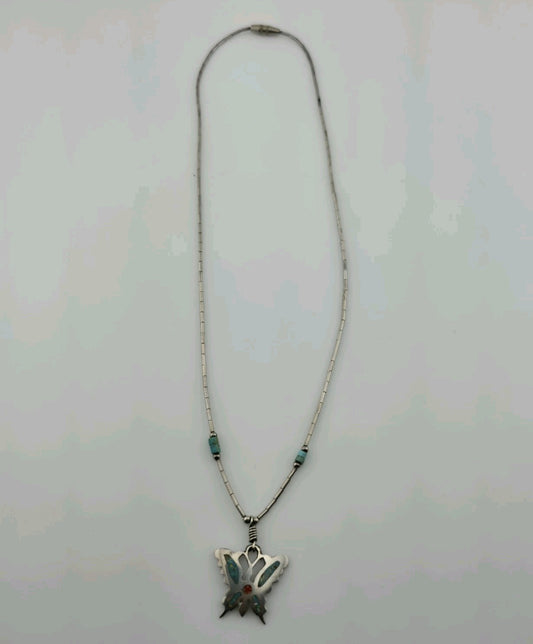 Vintage Native American Sterling Silver Butterfly Necklace 925 Turquoise Coral Inlay 15"