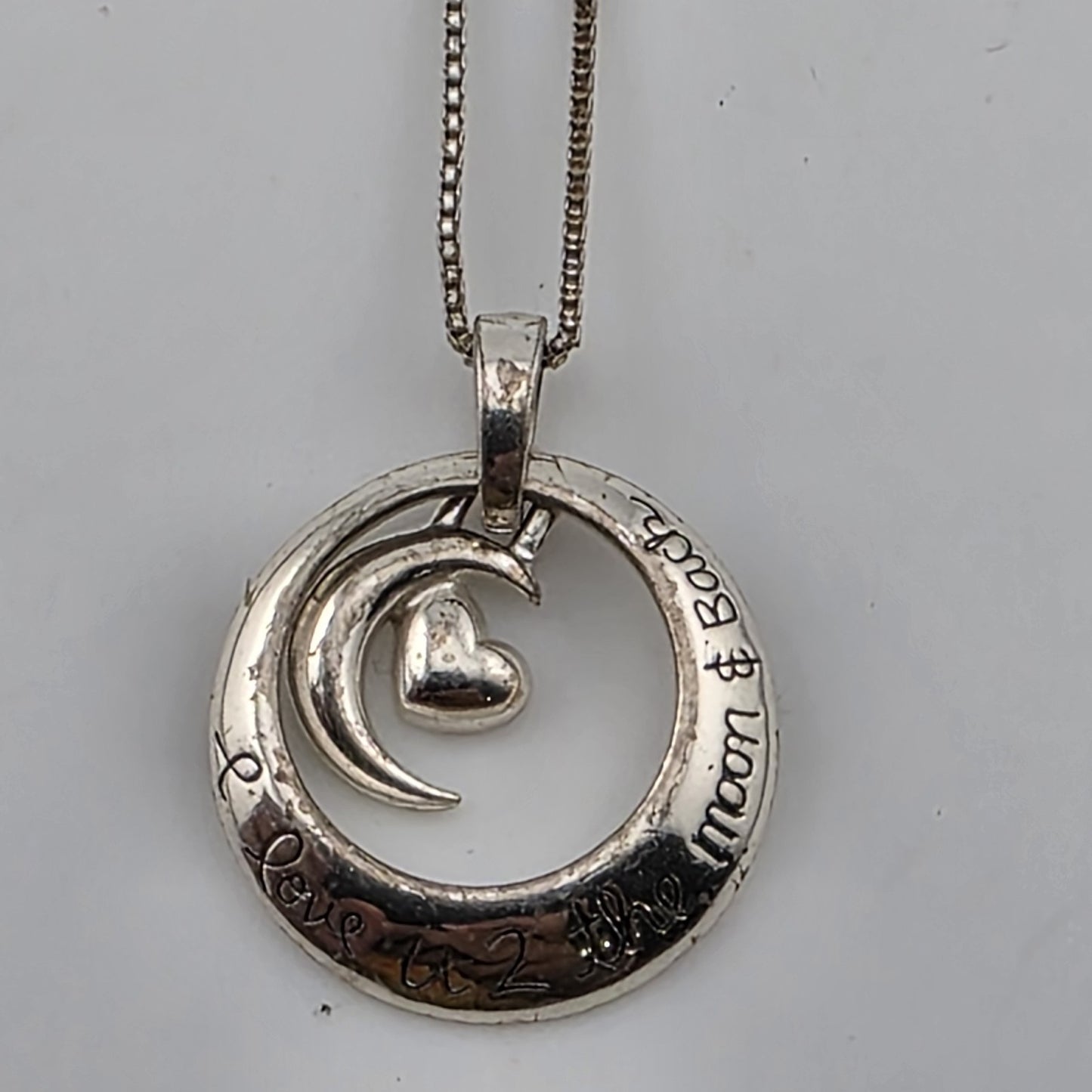 I Love You To The Moon and Back Necklace 925 Sterling Silver Heart Swirl Patina
