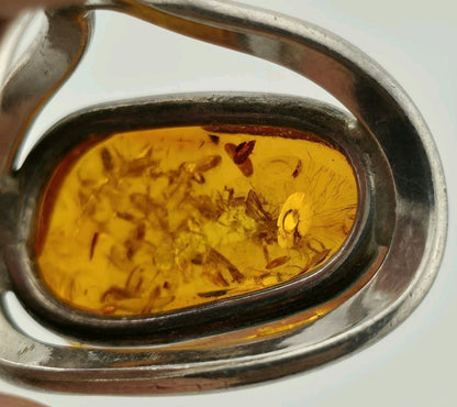 Vintage Ring MCM Sterling Silver Natural Honey Amber Unique Abstract Adjustable