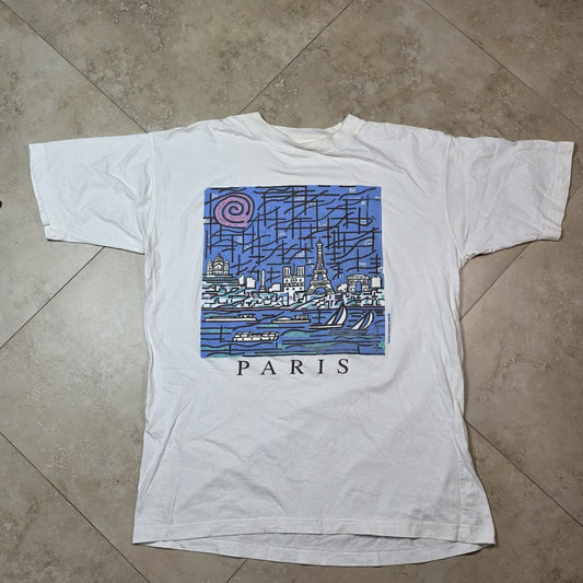 Paris Fran’s Eiffel Tower Art City Shirt Mens Medium White Abstract Vintage