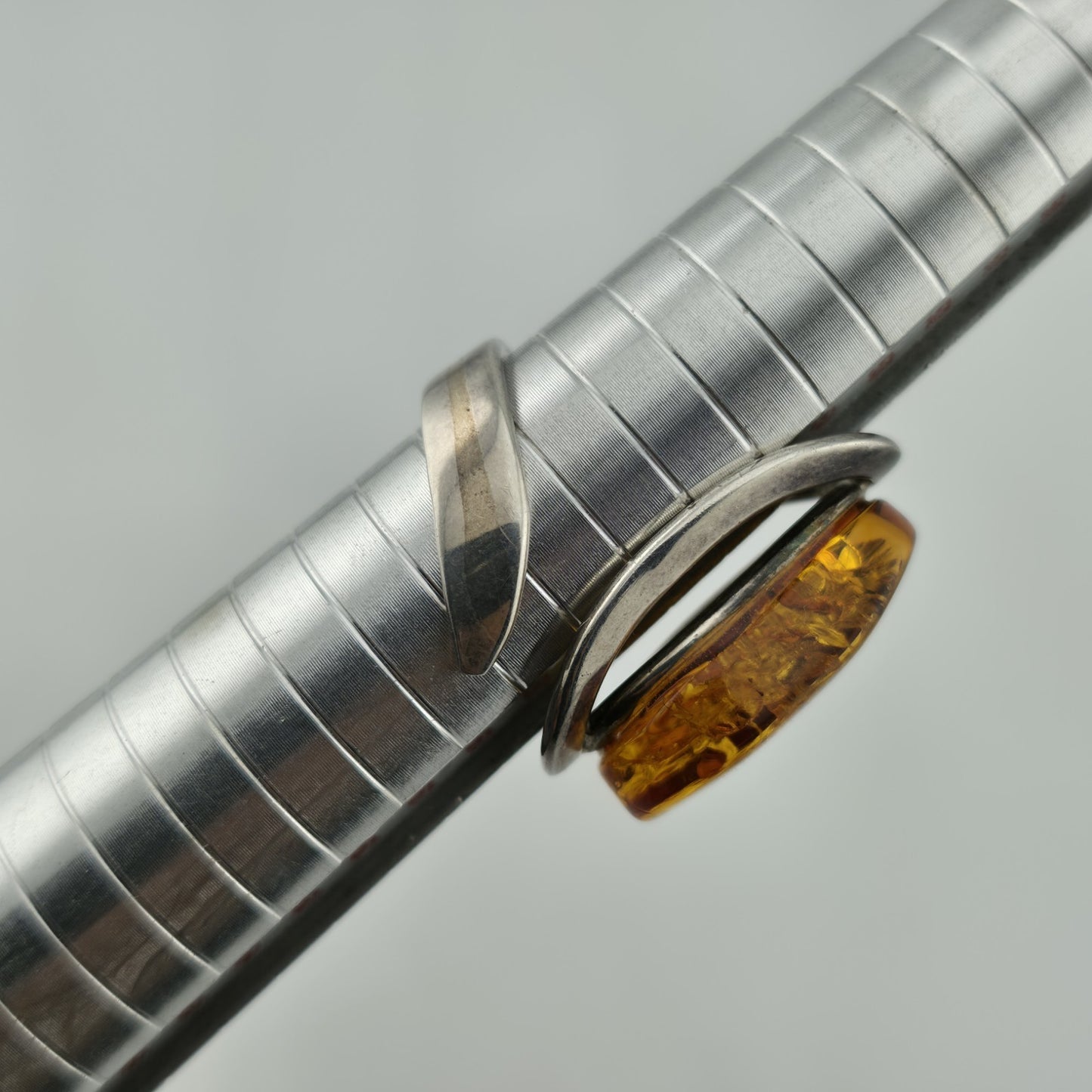 Vintage Ring MCM Sterling Silver Natural Honey Amber Unique Abstract Adjustable