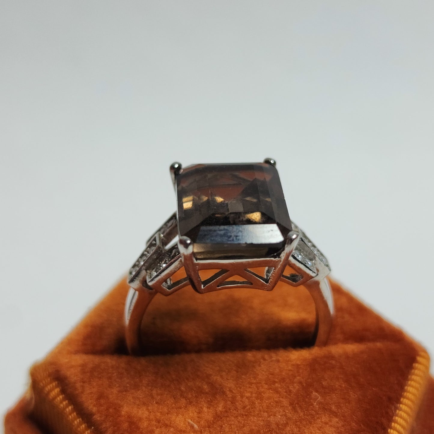 Smoky Quartz Sterling Silver Ring Art Deco Size 8 925 Statement Jewelry