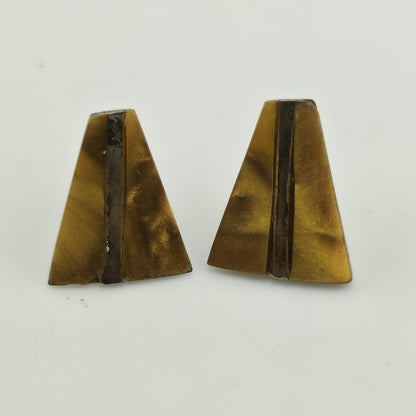 Sterling Silver Carved Gold Tone Stone Triangle Shield Earrings Vintage MCM