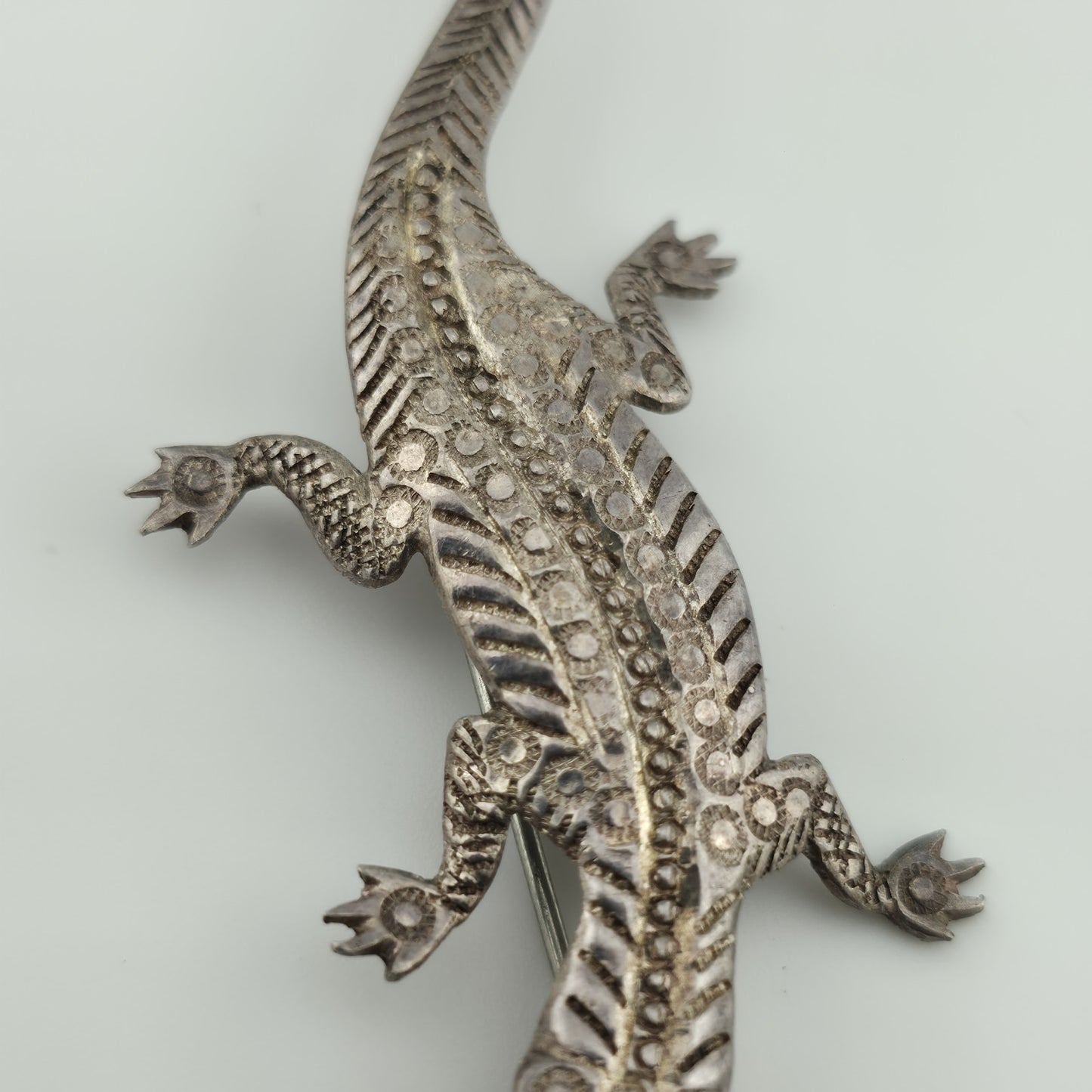 Sterling Silver 925 Lizard Pin Brooch 2.7" Patina Vintage Animal Jewelry