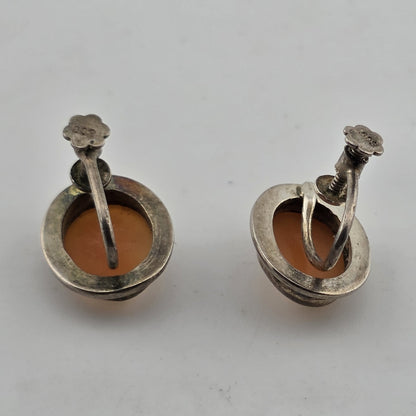 800 Silver  Antique Cameo Screw Back Earrings Vintage European Jewelry