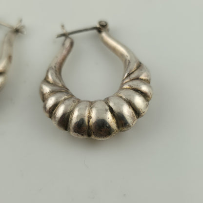 Sterling Silver Earrings Ribbed Latch Hoop Marked 925 Vintage Patina 1.3"