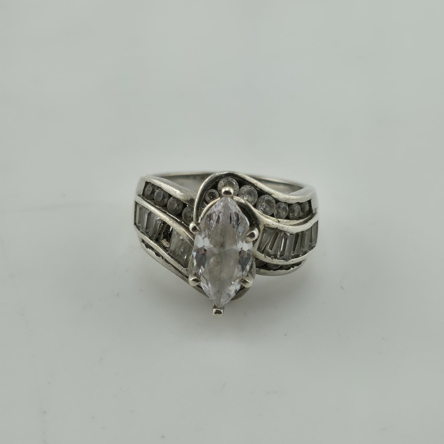 Sterling Silver Ring Marquise Clear Stone Baguette Design Size 6.75 Vintage 925