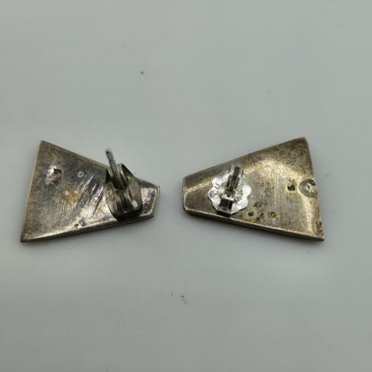 Sterling Silver Carved Gold Tone Stone Triangle Shield Earrings Vintage MCM