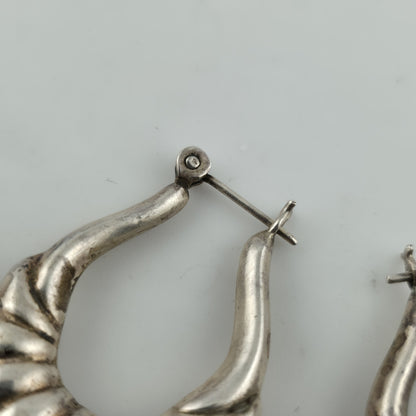 Sterling Silver Earrings Ribbed Latch Hoop Marked 925 Vintage Patina 1.3"