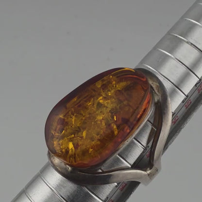 Vintage Ring MCM Sterling Silver Natural Honey Amber Unique Abstract Adjustable