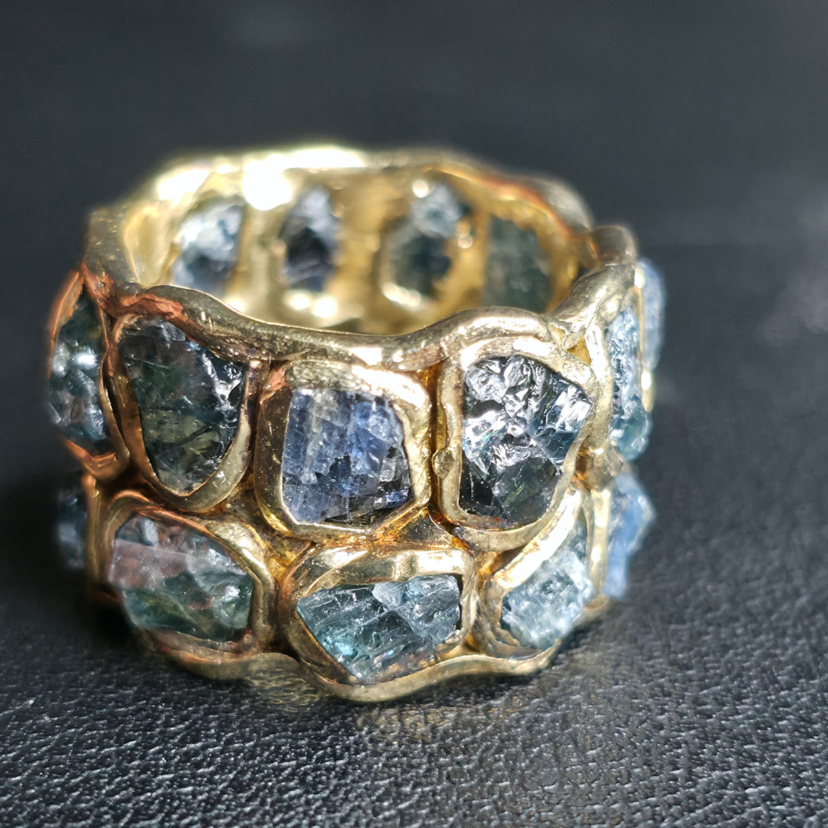 Raw Sapphire Barrel Ring Gold Plated Sterling Silver Handmade Size 6