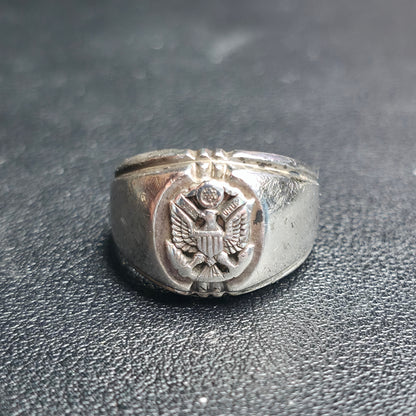 Vintage 925 Sterling Silver Military US Army Eagle Crest Signet Ring Sz 8.5 Dee Bee