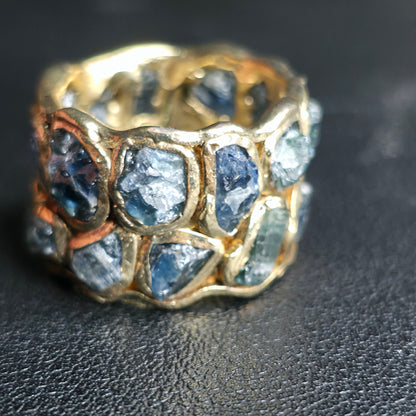 Raw Sapphire Barrel Ring Gold Plated Sterling Silver Handmade Size 6
