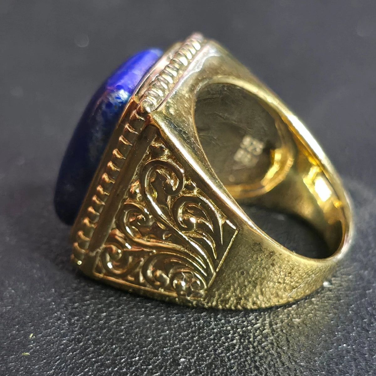 Gold Over Sterling Silver Lapis Lazuli Ring Size 8 Rectangle Ornate BBJ 925