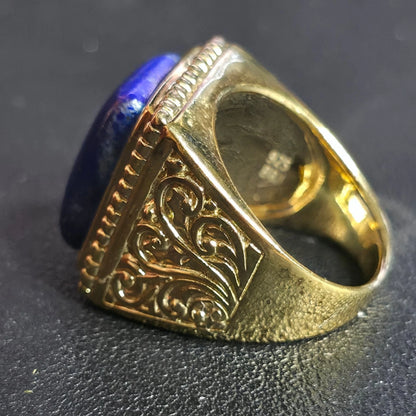 Gold Over Sterling Silver Lapis Lazuli Ring Size 8 Rectangle Ornate BBJ 925